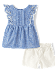 Girls Linen-Blend Eyelet 2-Piece Outfit Set