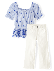 Girls Eyelet 2-Piece Outfit Set - Italian Riviera