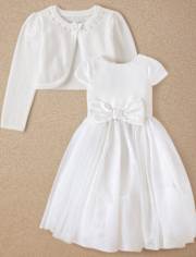 Girls Bow Faux Pearl Dress 2-Piece Outfit Set - Special Occasions