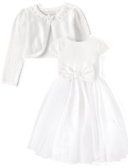 Girls Bow Faux Pearl Dress 2-Piece Outfit Set - Special Occasions