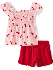 Girls Cherry Smocked 2-Piece Outfit Set - Sweet Summer