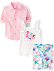 Girls Embroidered Flamingo 3-Piece Outfit Set - Seaside Palms