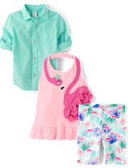 Girls Flamingo Ruffle 3-Piece Outfit Set - Seaside Palms