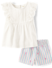 Girls Embroidered Flamingo 2-Piece Outfit Set - Seaside Palms