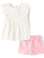 Girls Eyelet Linen-Blend 2-Piece Outfit Set