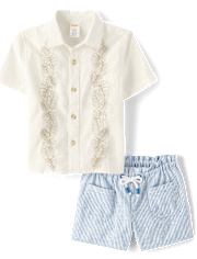 Girls Embroidered Linen-Blend 2-Piece Outfit Set