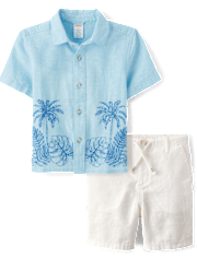 Kids Embroidered Palm Linen-Blend 2-Piece Outfit Set