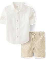 Kids Tropical Leaf Linen-Blend 2-Piece Outfit Set