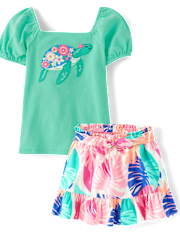 Girls Embroidered Turtle 2-Piece Outfit Set - Seaside Palms