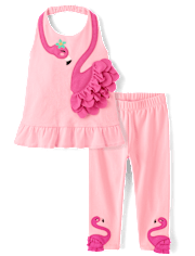 Girls Ruffle Flamingo 2-Piece Outfit Set - Seaside Palms