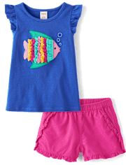 Girls Embroidered Fish 2-Piece Outfit Set - Little Essentials