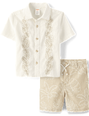 Kids Embroidered Tropical Leaf Linen-Blend 2-Piece Outfit Set