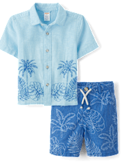 Kids Embroidered Tropical Leaf Linen-Blend 2-Piece Outfit Set