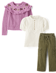 Girls Floral Pointelle Sweater 3-Piece Outfit Set - Magical Meadows