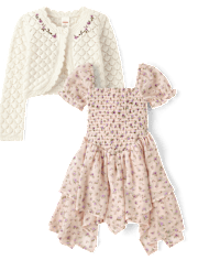 Girls Floral Pointelle Cardigan 2-Piece Outfit Set - Magical Meadows