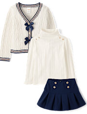 Girls Bow Cable Knit Cardigan 3-Piece Outfit Set - Campus Cuties