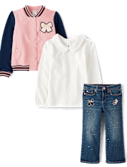 Girls Bow Varsity Jacket 3-Piece Outfit Set - Campus Cuties