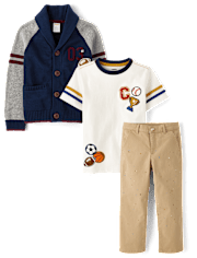 Boys Embroidered Varsity Cardigan 3-Piece Outfit Set - Campus Cuties