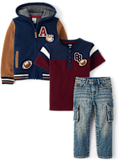 Kids Embroidered Varsity Zip Up Hoodie 3-Piece Outfit Set - Campus Cuties