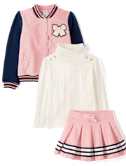Girls Bow Varsity Jacket 3-Piece Outfit Set - Campus Cuties