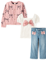 Girls Bow Cardigan 3-Piece Outfit Set - Campus Cuties