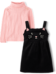 Girls Embroidered Cat Corduroy Skirtall 2-Piece Outfit Set - Halloween
