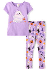 Girls Embroidered Sequin Ghost Top 2-Piece Outfit Set - Halloween