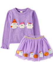 Girls Crochet Ghost Sweater 2-Piece Outfit Set - Halloween