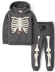 Boys Embroidered Skeleton Fleece Jogger 2-Piece Outfit Set - Halloween