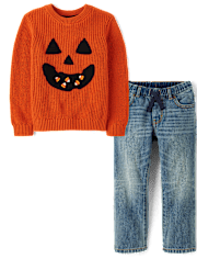 Boys Embroidered Jack-O-Lantern 2-Piece Outfit Set - Halloween