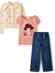 Girls Sequin Mushroom 3-Piece Outfit Set - Fall Celebrations