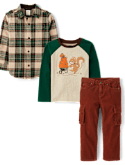 Boys Embroidered Squirrel 3-Piece Outfit Set - Fall Celebrations