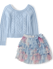 Girls Bow Back Cable Knit Sweater 2-Piece Outfit Set - On Pointe