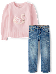 Girls Sequin Swan Sweater 2-Piece Outfit Set - On Pointe