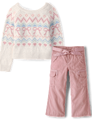Girls Fairisle Bow Back Sweater 2-Piece Outfit Set - On Pointe