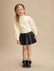 Girls Faux Pearl Sweater And Faux Leather Skort 2-Piece Outfit - Petit Paris