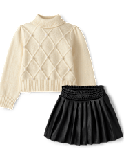 Girls Faux Pearl Sweater And Faux Leather Skort 2-Piece Outfit - Petit Paris