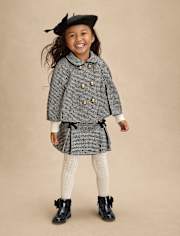 Girls Houndstooth Peter Pan Tweed Cape 3-Piece Outfit Set - Petit Paris