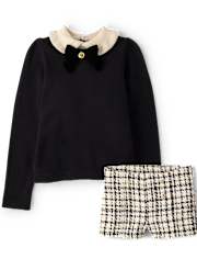 Girls Bow Peter Pan Sweater And Shorts 2-Piece Outfit Set - Petit Paris