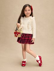 Girls Cable Knit Flutter Sweater 2-Piece Outfit Set - Royal Christmas