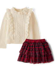 Girls Cable Knit Flutter Sweater 2-Piece Outfit Set - Royal Christmas