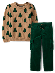 Boys Intarsia Christmas Tree Sweater 2-Piece Outfit Set - Royal Christmas