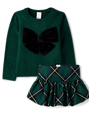 Girls Oversized Bow Sweater And Bubble Skirt 2-Piece Outfit Set - Royal Christmas