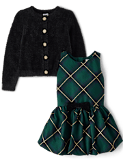 Girls Embellished Eyelash Cardigan And Bubble Dress 2-Piece Outfit Set - Royal Christmas