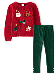 Girls Crochet Holiday Shaker Stitch Sweater 2-Piece Outfit Set - Royal Christmas