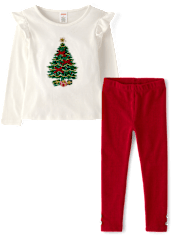 Girls Embroidered Christmas Tree Flutter Top 2-Piece Outfit Set - Royal Christmas