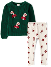 Girls Crochet Candy Cane Shaker Stitch Sweater 2-Piece Outfit Set - Royal Christmas