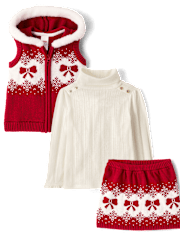 Girls Bow Fairisle Hooded Sweater Vest 3-Piece Outfit Set - Royal Christmas