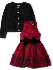 Girls Embellished Eyelash Cardigan And Dress 2-Piece Outfit Set - Royal Christmas