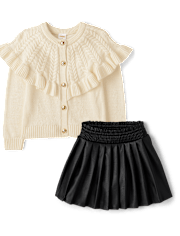 Girls Ruffle Cardigan And Faux Leather Skort 2-Piece Outfit Set - Royal Christmas